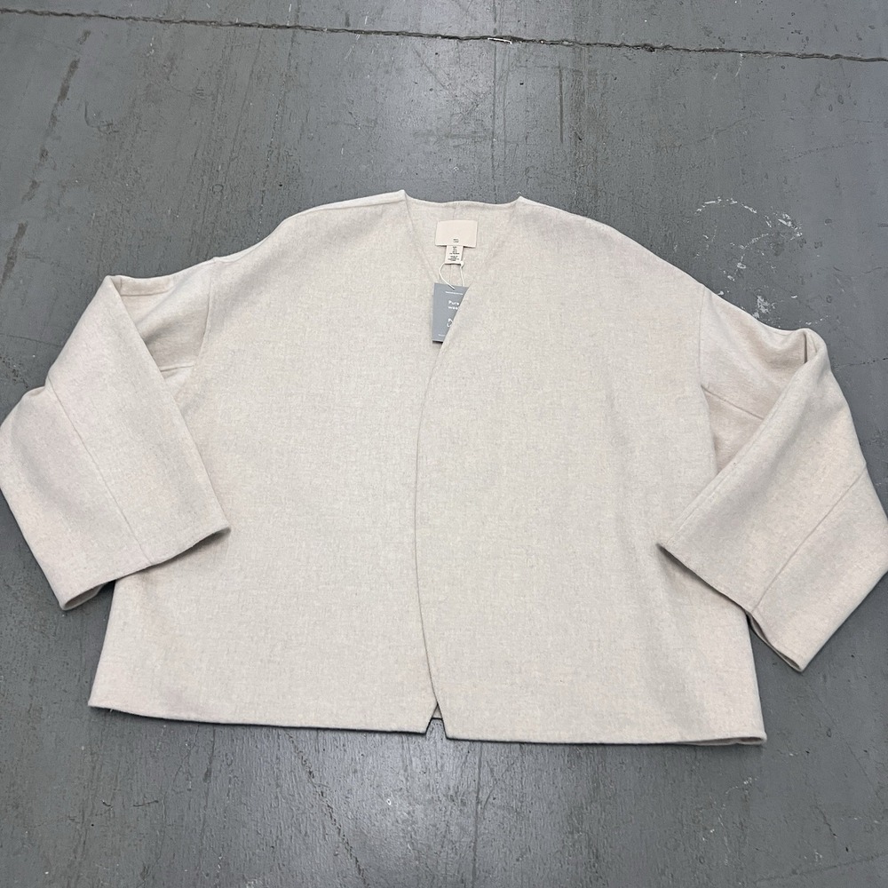 H & M Premium Select‎ Pure Wool Open Front Jacket Womens L Beigh Minimalist